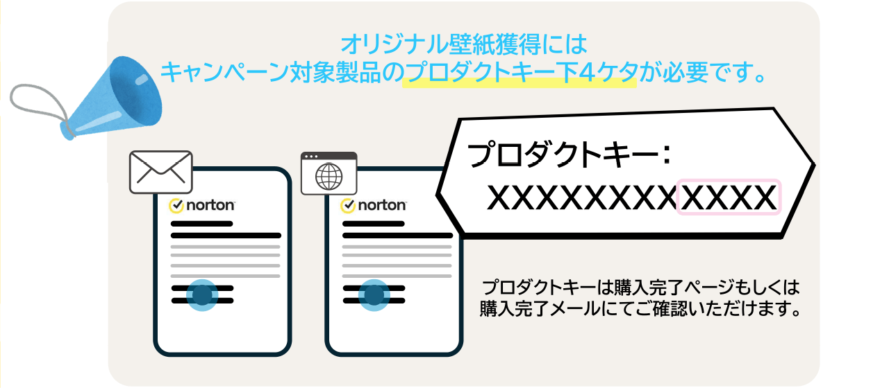 オリジナル壁紙獲得にはキャンペーン対象製品のプロダクトキー下4ケタが必要です。プロダクトキーは購入完了ページもしくは購入完了メールにてご確認いただけます。